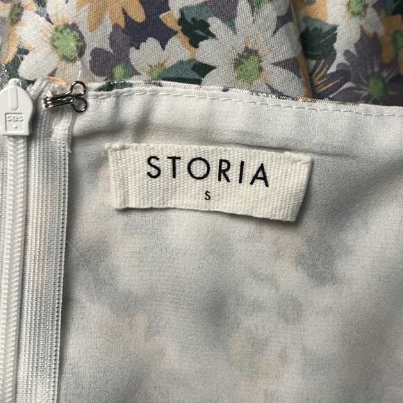 STORIA Floral Puff Sleeve Top Grey White Apricot Flirty Light Cute Women's Small - Picture 3 of 5